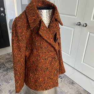 Womens Textured Orange Tweed Peacoat Jacket